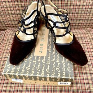 Ann Marino (Dark) Cola Brown Velvet Shoes, 7M, 3.25” Heel, Elastic Back Strap